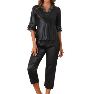 cheibear Women's Satin Silky 3/4 Sleeve Shirt with Long Pajama Pant Soft Pajama Set - 1 of 4