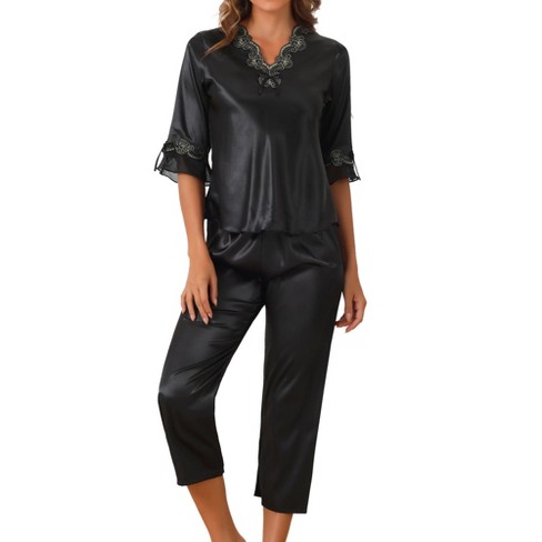 Cheibear Women s Satin Silky 3 4 Sleeve Shirt With Long Pajama Pant Soft Pajama Set Black Small Target