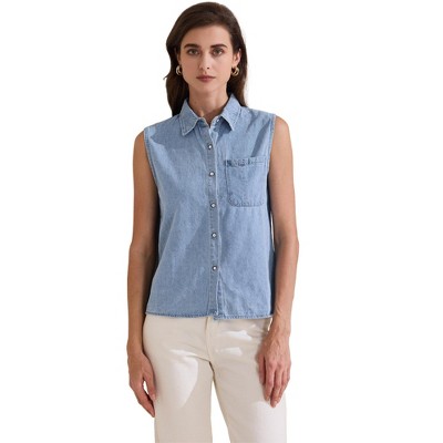 INSPIRE CHIC Women's Sleeveless Button Down Single Breasted Collared Casual Denim Vest with Pocket