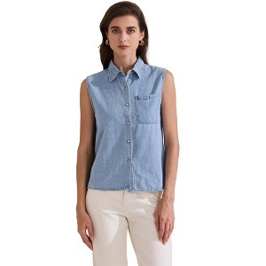 INSPIRE CHIC Women's Sleeveless Button Down Single Breasted Collared Casual Denim Vest with Pocket - 1 of 4