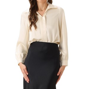 INSPIRE CHIC Women's Satin V Neck Long Sleeve Business Work Collared Bodysuit - 1 of 4