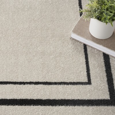 Contemporary Ivory/Black Square Outdoor Rug, Easy-Care Synthetic