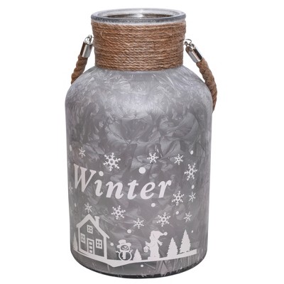 Northlight 12" Iced Winter Scene  Christmas Pillar Candle Holder Lantern with Handle - Sliver White