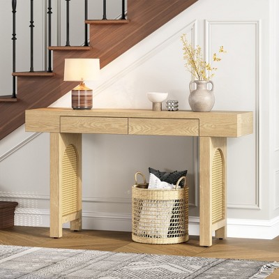 HDZNVF Narrow Console Table with Rattan Accent, Natural Wood Finish Entryway Table with Storage Drawers, Natural