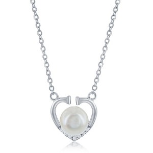 Bella Silver Sterling Silver Round FWP w/ CZ Heart Necklace - White - 16+2 Inch - 1 of 2