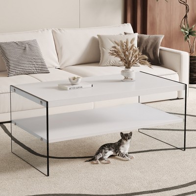Racxily Double rectangular coffee table, The board surface is MDF, with white stickers, and both sides are transparent tempered glass