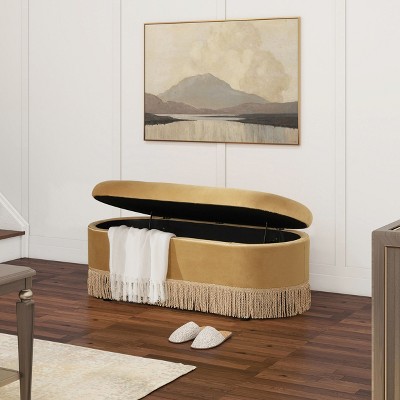 Okak Vintage Pull-Open Top Velvet Tufted Button Ottoman Bench with Bullion Fringe,Oval Upholstered Storage Ottoman for Bedroom,Entrance