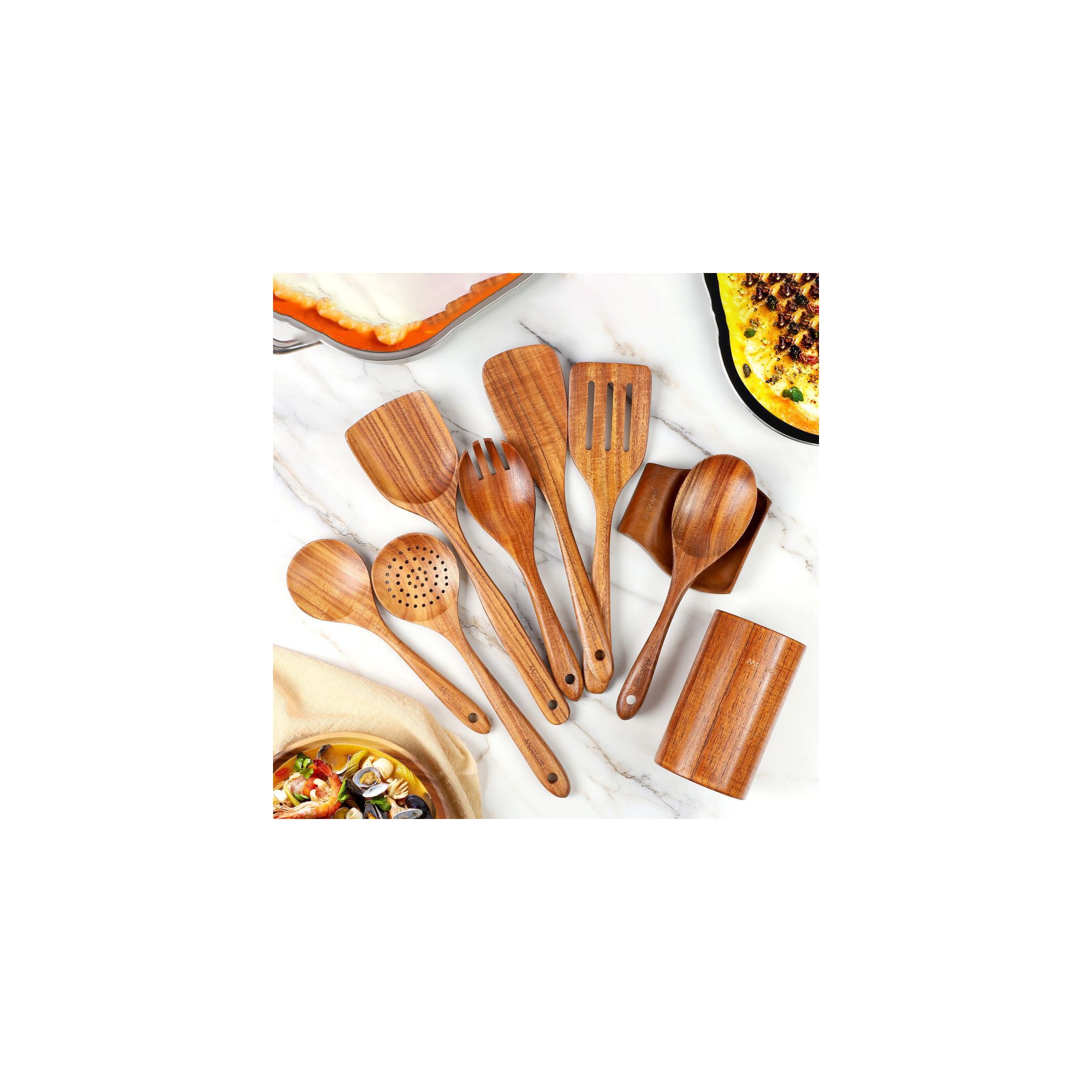 Mooues 9pcs Natural Teak Kitchen Utensil Set with Spoon Holder and Storage Rack Perfect Housewarming Gift