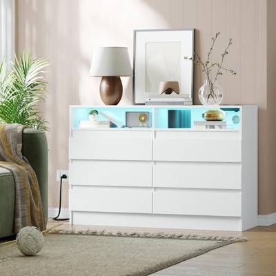 Black Modern 6 Drawer Dresser with LED Lights and Power Outlet Storage Chest with Charging Station