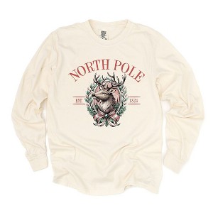 Simply Sage Market Women's North Pole Reindeer Oval Wreath Long Sleeve Garment Dyed Tee - 1 of 4