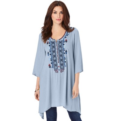 Roaman's Women's Plus Size Embroidered Henley Tunic