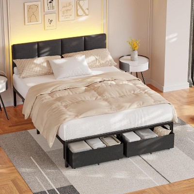 Furnulem Full Size Bed Frame with Headboard,Upholstered Bed Full with LED Light,USB Charging Station,2 Underbed Storage Drawers,No Spring Box Needed