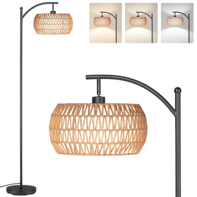 SUGIFT Dimmable Boho Floor Lamp with Rattan & Linen Drum Shade – Remote & Footswitch Control