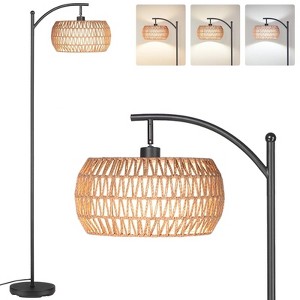 SUGIFT Dimmable Boho Floor Lamp with Rattan & Linen Drum Shade – Remote & Footswitch Control - 1 of 4