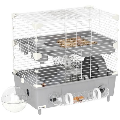 PawHut 2-Tier Hamster Cage, Hamster Habitat with Sand Bathroom, Running Wheel, Water Bottle, Tubes, Accessories, 17.5" x 11" x 17", Gray