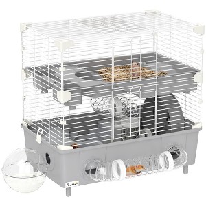 PawHut 2-Tier Hamster Cage, Hamster Habitat with Sand Bathroom, Running Wheel, Water Bottle, Tubes, Accessories, 17.5" x 11" x 17", Gray - 1 of 4