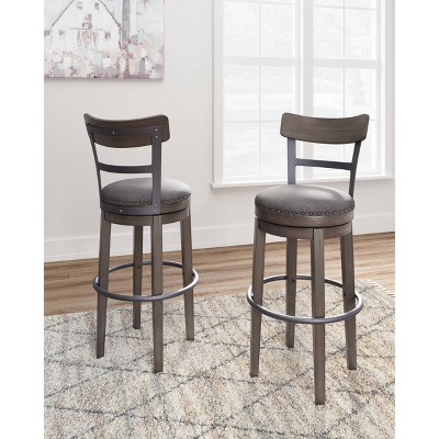 Antiqued Gray Wash Swivel Barstool with Cushioned Seat and Nailhead Trim