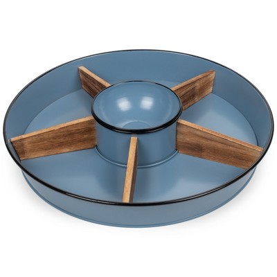 Nat & Jules Wood Partitions Matte Blue 16 inch Metal Enamel Divided Chip and Dip Tray