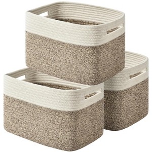 Itopfox Woven Storage Basket Set of 3, Cotton Rope Organizing Bins for Books, Toys, Towels, Living Room Decor, Foldable Handles, Brown - 1 of 4