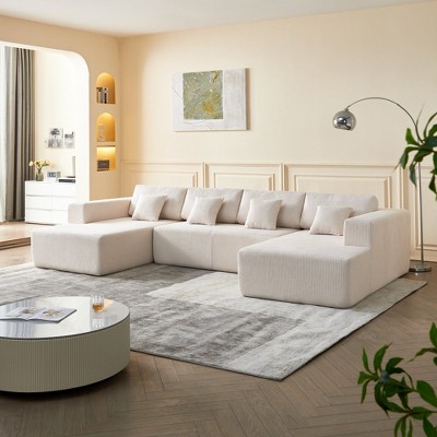 U-Shaped Corduroy Sectional Sofa, Reversible Chaise & Plush Cushions, 122-Inch Modern Design