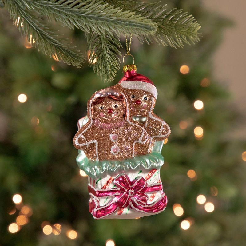 NORTHLIGHT 4.5" Glittered Gingerbread Couples in Gift Box Glass Christmas Ornament - Brown/Pink, 2 of 8