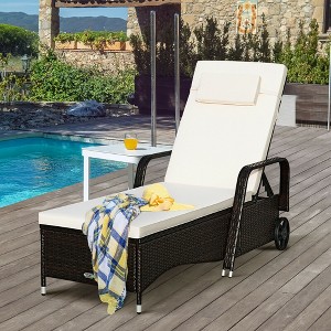 Costway Outdoor Chaise Lounge Chair Recliner Cushioned Patio Furniture Adjustable Wheels Brown - 1 of 4