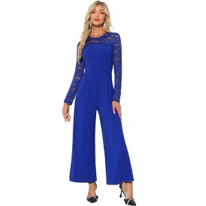 INSPIRE CHIC Women's Elegant Crew Neck Mesh Lace Sleeve Loose Wide Leg Romper - 1 of 4