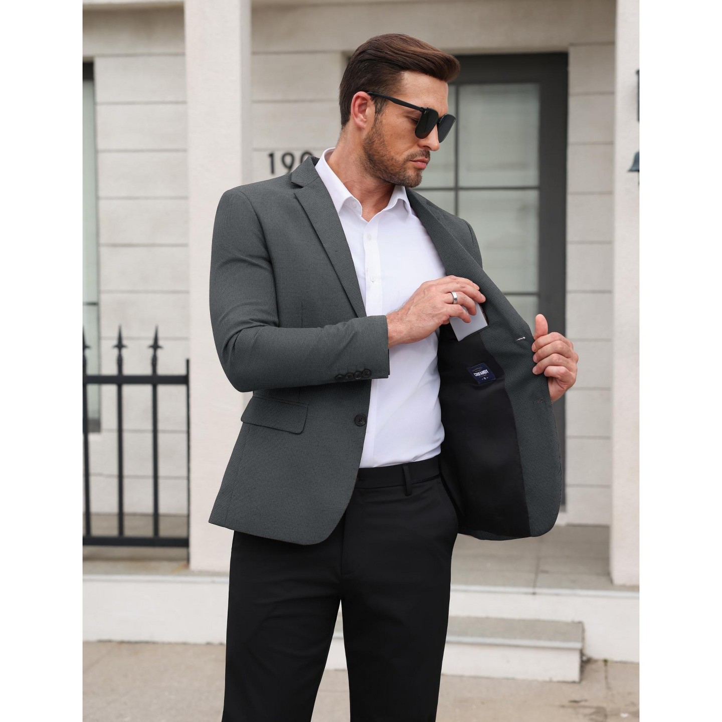 Мужской пиджак COOFANDY Regular Fit Notched Collared Houndstooth Print Blazer Light Gray-Black, цвет: Светлый серый — фото 4