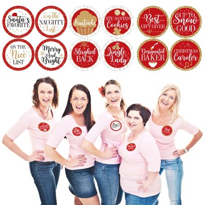 Big Dot of Happiness Red and Gold Friendsmas - Friends Christmas Party Funny Name Tags - Party Badges Sticker Set of 12