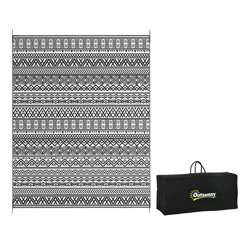 Outsunny RV Mat, Outdoor Patio Rug / Large Camping Carpet with Carrying Bag, 8' x 10', Waterproof Plastic Straw, Reversible, Gray & Cream White Boho, 1 of 7