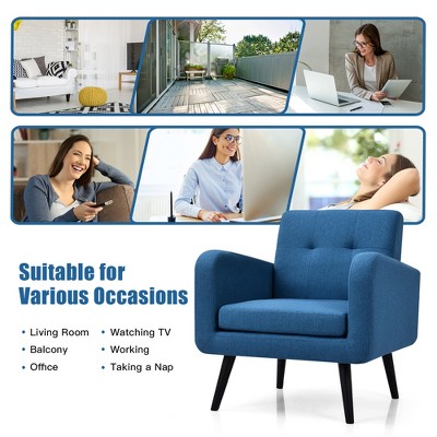 Blue Linen Tufted Back Armchair with Rubber Wood Legs
