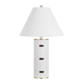 Flavie 26.5 Inch Metal/PU Leather Table Lamp - White/Brown/Brass Gold - Safavieh.