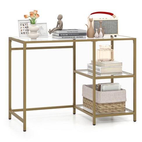 Costway 42”Modern Console Table Tempered Glass Entryway Table with 2 Open Shelves & Metal Frame Gold - image 1 of 4