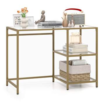 Costway 42”Modern Console Table Tempered Glass Entryway Table with 2 Open Shelves & Metal Frame Gold