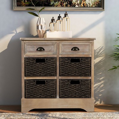 CENGHU Rustic Storage Cabinet, Entryway Table with Two Drawers and Four Classic Rattan Basket, for Dining Room/Living Room