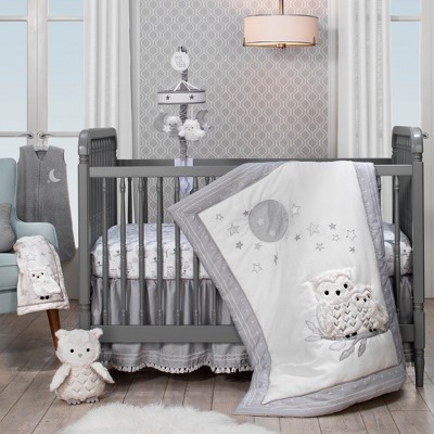 Lambs & Ivy Luna White/Gray Celestial Owl 4-Piece Nursery Baby Crib Bedding Set