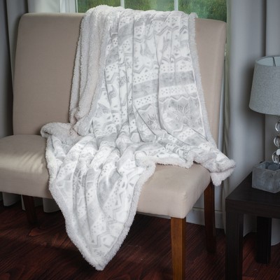 Hastings Home Fleece Sherpa Throw Blanket With Snowflake Pattern for Sofa, Chair, or Bed – 50" x 60", White