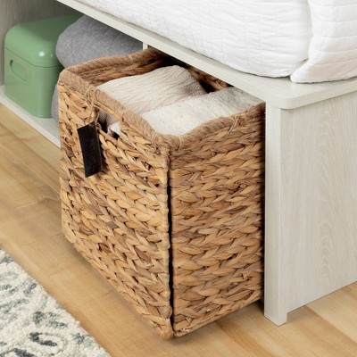 Full Oak Storage Bed with Rattan Baskets and Bookcase