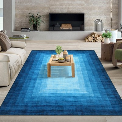 Area Rug Modern Ombre Bordered Machine Washable Rug for Living Room Bedroom Border Gradient Stain Resistant Accent Rug, 9' x 12' Blue