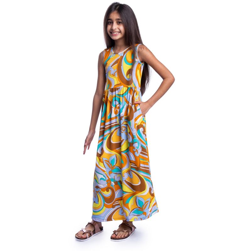 24seven Comfort Apparel Girls Yellow Floral Print Sleeveless Maxi Dress, 2 of 5