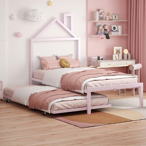 Full/Twin Size Metal Platform Bed Frame with Trundle Bed/ Drawers, House-Shaped Headboard Design 4S -ModernLuxe - 1 of 4