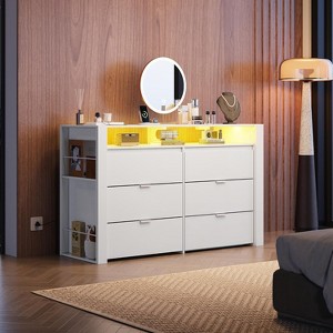 GALAXHERO 50.79'' White Wood 6-Drawer LED Dresser – Storage Organizer with Power Outlets (Fits 55'' TV) for Bedroom, Closet & Living Room - 1 of 4
