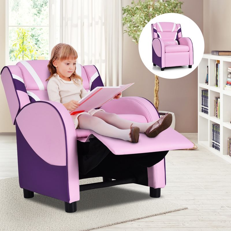 Kids Recliner Chair Gaming Sofa PU Leather Armchair w/Side Pockets Pink\Blue, 3 of 11