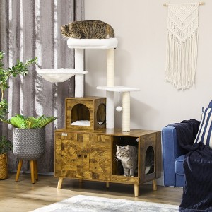 Gulches PawHut 2-in-1 Cat Tree with Litter Box Enclosure, Hammock & Scratching Posts - Rustic Brown - 1 of 4