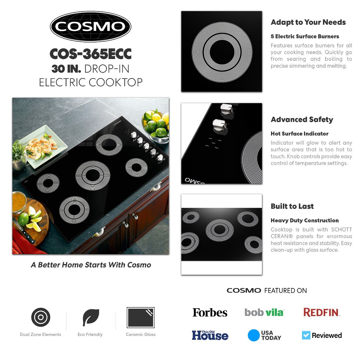 Cosmo COS-365ECC 36 in. Electric Ceramic Glass Cooktop with 5 Burners, Dual Zone Elements, Hot Surface Indicator Light and Control Knobs - thumbnail 3