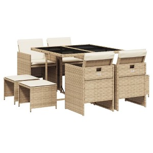 vidaXL 9 Piece Patio Dining Set with Cushions - Beige Poly Rattan/Tempered Glass Table for Garden, Backyard, Patio - 1 of 4