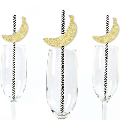 Big Dot of Happiness Gold Glitter Banana Party Straws - No-Mess Real Gold Glitter Cut-Outs and Decorative Tropical Party Paper Straws - Set of 24