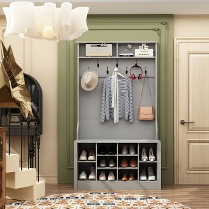 Famapy Gray Wood 3-in-1 Hall Tree Bench with Double Hooks and Shelves - 1 of 4