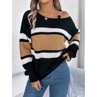 Color Block Stripe Lantern Sleeve Metal Button Off Shoulder Crew Neck Sweater