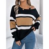 Women's Color - Block Striped Lantern Sleeve Sweater, Off - Shoulder Pullover with Metal Buckle - 2 of 4